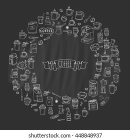 Hand drawn doodle Coffee time icon set Vector illustration isolated drink symbols collection Cartoon various beverage element: mug, cup, espresso, americano, irish, decaf, mocha, coffee making machine
