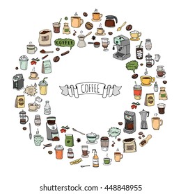 Hand drawn doodle Coffee time icon set. Vector illustration isolated drink symbols collection