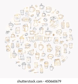 Hand drawn doodle Coffee time icon set Vector illustration isolated drink symbols collection Cartoon various beverage element: mug, cup, espresso, americano, irish, decaf, mocha, coffee making machine
