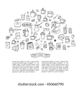 Hand drawn doodle Coffee time icon set Vector illustration isolated drink symbols collection Cartoon various beverage element: mug, cup, espresso, americano, irish, decaf, mocha, coffee making machine