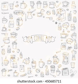 Hand drawn doodle Coffee time icon set. Vector illustration. Carton beverages. Sketch drink elements: mug, cup, espresso, americano, irish, decaf, mocha, coffee making machine