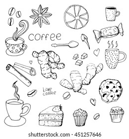 hand drawn doodle coffee time elements, symbols, objects, coffee,