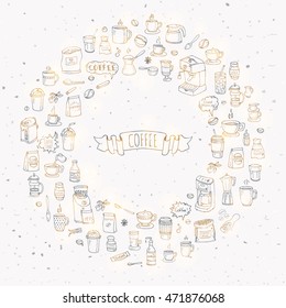 Hand drawn doodle Coffee time icon set Vector illustration isolated drink symbols collection Cartoon various beverage element: mug, cup, espresso, americano, irish, decaf, mocha, coffee making machine