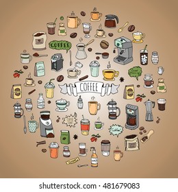 Hand drawn doodle Coffee time icon set Vector illustration isolated drink symbols collection Cartoon various beverage element: mug, cup, espresso, americano, irish, decaf, mocha, coffee making machine