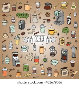 Hand drawn doodle Coffee time icon set Vector illustration isolated drink symbols collection Cartoon various beverage element: mug, cup, espresso, americano, irish, decaf, mocha, coffee making machine