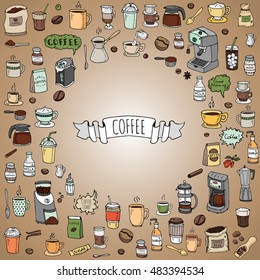 Hand drawn doodle Coffee time icon set Vector illustration isolated drink symbols collection Cartoon various beverage element: mug, cup, espresso, americano, irish, decaf, mocha, coffee making machine