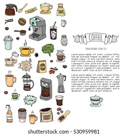 Hand drawn doodle Coffee time icon set Vector illustration isolated drink symbols collection Cartoon various beverage element: mug, cup, espresso, americano, irish, decaf, mocha, coffee making machine
