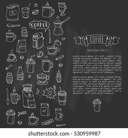 Hand drawn doodle Coffee time icon set Vector illustration isolated drink symbols collection Cartoon various beverage element: mug, cup, espresso, americano, irish, decaf, mocha, coffee making machine