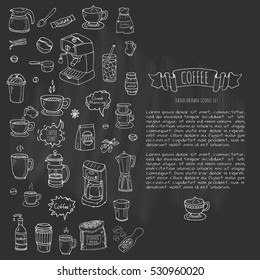 Hand drawn doodle Coffee time icon set Vector illustration isolated drink symbols collection Cartoon various beverage element: mug, cup, espresso, americano, irish, decaf, mocha, coffee making machine