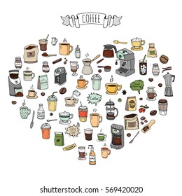 Hand drawn doodle Coffee time icon set Vector illustration isolated drink symbols collection Cartoon various beverage element: mug, cup, espresso, americano, irish, decaf, mocha, coffee making machine