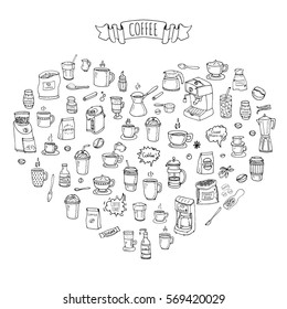 Hand drawn doodle Coffee time icon set Vector illustration isolated drink symbols collection Cartoon various beverage element: mug, cup, espresso, americano, irish, decaf, mocha, coffee making machine