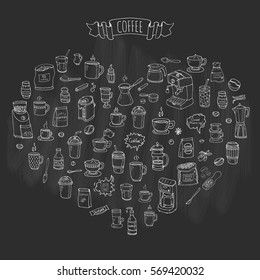Hand drawn doodle Coffee time icon set Vector illustration isolated drink symbols collection Cartoon various beverage element: mug, cup, espresso, americano, irish, decaf, mocha, coffee making machine