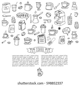 Hand drawn doodle Coffee time icon set Vector illustration isolated drink symbols collection Cartoon various beverage element: mug, cup, espresso, americano, irish, decaf, mocha, coffee making machine