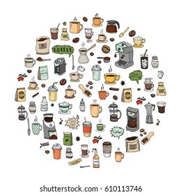 Hand drawn doodle Coffee time icon set Vector illustration isolated drink symbols collection Cartoon various beverage element: mug, cup, espresso, americano, irish, decaf, mocha, coffee making machine