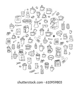 Hand drawn doodle Coffee time icon set Vector illustration isolated drink symbols collection Cartoon various beverage element: mug, cup, espresso, americano, irish, decaf, mocha, coffee making machine