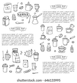 Hand drawn doodle Coffee time icon set Vector illustration isolated drink symbols collection Cartoon various beverage element: mug, cup, espresso, americano, irish, decaf, mocha, coffee making machine