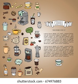 Hand drawn doodle Coffee time icon set Vector illustration isolated drink symbols collection Cartoon various beverage element: mug, cup, espresso, americano, irish, decaf, mocha, coffee making machine