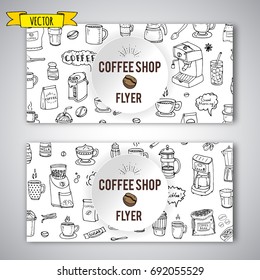 Hand drawn doodle Coffee time icon set Vector illustration isolated drink symbols collection Cartoon various beverage element: mug, cup, espresso, americano, irish, decaf, mocha, coffee making machine