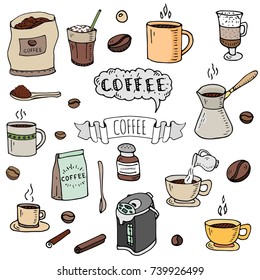 Hand Drawn Doodle Coffee Time Icon Set Vector Illustration Isolated Drink Symbols Collection Cartoon Various Beverage Element: Mug, Cup, Espresso, Americano, Irish, Decaf, Mocha, Coffee Making Machine