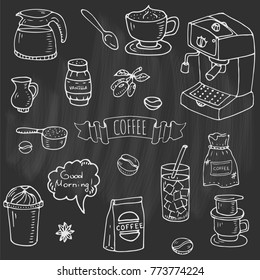 Hand drawn doodle Coffee time icon set Vector illustration isolated drink symbols collection Cartoon various beverage element: mug, cup, espresso, americano, irish, decaf, mocha, coffee making machine