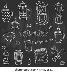 Hand drawn doodle Coffee time icon set Vector illustration isolated drink symbols collection Cartoon various beverage element: mug, cup, espresso, americano, irish, decaf, mocha, coffee making machine