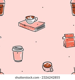 Herramientas de doodle dibujadas a mano para el café sin inconvenientes. Ilustraciones de doodle vectoriales de tendencia para la cafetería y el menú del restaurante.Concepto de diseño de cafetera dibujado a mano e iconos para el descanso del café.Arte de línea de menú.