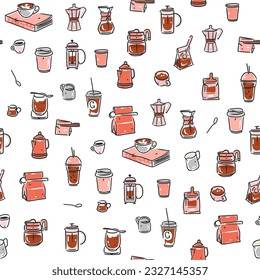 Hand drawn doodle coffee tools seamless pattern.Trending vector doodle illustrations for coffee shop and restaurant menu.Hand drawn coffee shop design concept and coffee break icons.Menu line art.