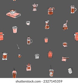 Hand drawn doodle coffee tools seamless pattern.Trending vector doodle illustrations for coffee shop and restaurant menu.Hand drawn coffee shop design concept and coffee break icons.Menu line art.