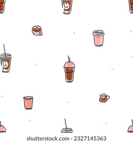 Hand drawn doodle coffee tools seamless pattern.Trending vector doodle illustrations for coffee shop and restaurant menu.Hand drawn coffee shop design concept and coffee break icons.Menu line art.