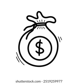 Ilustração De Moedas De Desenho À Mão. Contorno preto bonito dinheiro saco adesivo clip art ícone no fundo branco vetor EPS 10