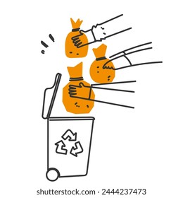 hand drawn doodle collect rubbish in the trash together illustration