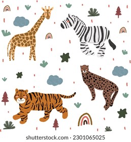 hand drawn doodle collection of animals in the zoo 
