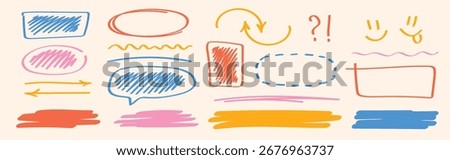 Hand drawn doodle collection blue, pink and red sketch bubbles, arrows, highlights and underline markers for creative notes and design. Highlight marker lines. Hand drawn text boxes, highlight, mark. 