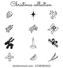Hand drawn doodle collection of Christmas icons with different elements: pine cone, star,  mistletoe, gift, sprig, bow, candle, orange deer, snowflake and pine branch.  Vector illustration. 