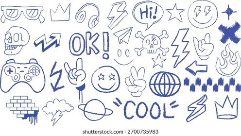 Dibujado a mano doodle colección de iconos y símbolos frescos en tinta azul sobre fondo blanco