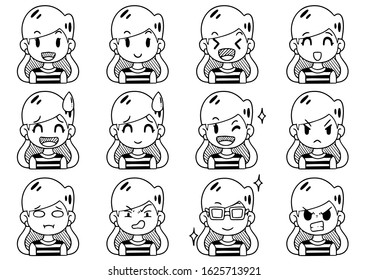 Hand Drawn Doodle Collection cute Funny Avatars cartoon emoticon Icon,set of cute vector faces, different emotions isolated on white background Vector illustration