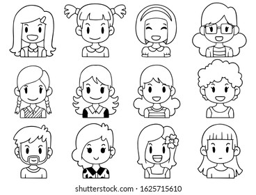 Hand Drawn Doodle Collection cute Funny Avatars cartoon emoticon Icon,set of cute vector faces, different emotions isolated on white background Vector illustration