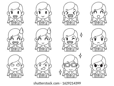 Hand Drawn Doodle Collection cute Funny Avatars cartoon emoticon Icon,set of cute vector faces, different emotions isolated on white background Vector illustration