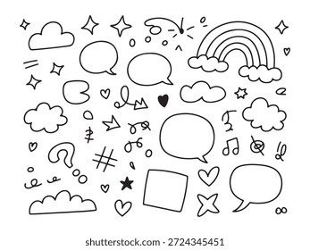 Hand drawn doodle collection of design elements such as clouds speech bubbles stars arrows and various symbols