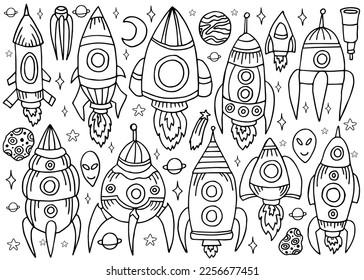 Colección de doodles dibujados a mano con diferentes barcos cósmicos aislados en fondo blanco.