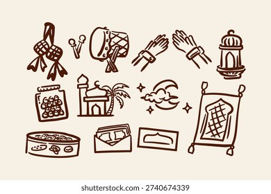 Hand drawn doodle collection of Eid Al-Fitr or Idulfitri