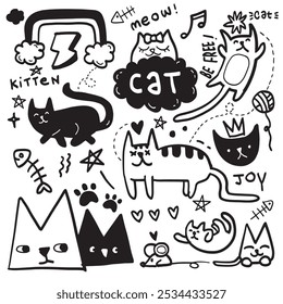 A hand drawn doodle collection featuring playful and whimsical cats in various poses along with cute elements like fish bones stars and joyful expressions