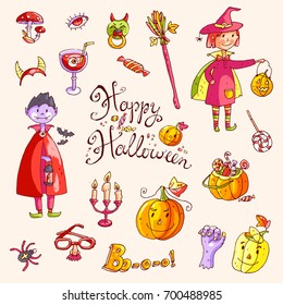 Hand drawn doodle  collection of halloween elements: suits, characters, accessories, stickers, decorations. Cute kids style