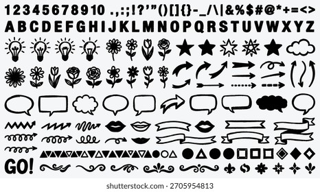 Hand Drawn Doodle Collection with Numbers Letters and Decorative Elements