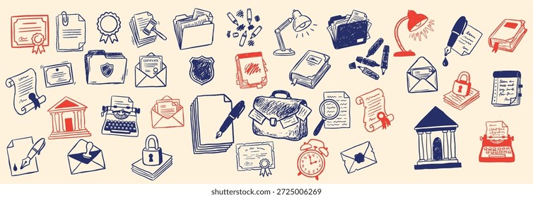 A hand drawn doodle collection of postal icons appears in red and blue ink, used for branding and web design, playful.