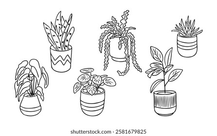 Hand drawn doodle collection of potted houseplants in black and white, featuring various leaf shapes and decorative pots, perfect for coloring or botanical-themed projects