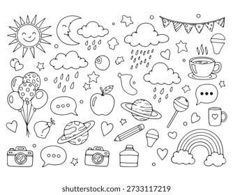Hand drawn doodle collection with sun, moon, clouds, rain, stars, balloons, coffee, speech bubbles, apple, planets, camera, and rainbow