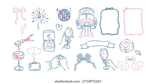 Hand drawn doodle collection of wedding and engagement elements in blue and pink. Perfect for invitations and romantic designs.