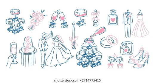 Dibujado a mano doodle colección de Elementos de fiesta de boda en azul y rosa. Incluye pareja de baile, pastel, torre de champán, vestido y traje.