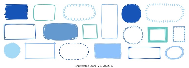 Hand drawn doodle color frame set. Box, square, rectangle, circle shape brush pen line stroke scribble element. Hand drawn simple oval, square frame for text border. Vector illustration